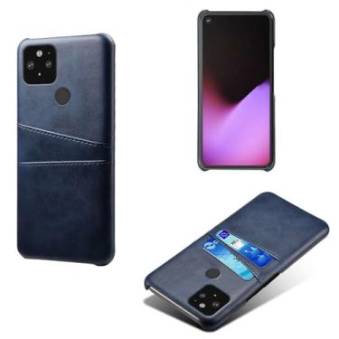 Imagem de Capas Compatível com Google Pixel 5,Caso de couro PU-Tampa de telefone a prova de choque com 2 slots de cartão,Proteção anti-impressão digital e anti-gota-Blue