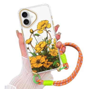 Imagem de AIGOMARA Capa magnética para iPhone 16 [compatível com MagSafe] Capa de telefone com estampa floral transparente com cordão de pulso, capa fina à prova de choque para meninas e mulheres, dourada