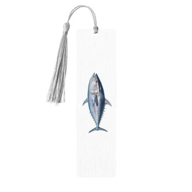 Imagem de Marcador de livro de madeira para homens e mulheres novidade gag atum thunnus para amantes de livros, marcadores exclusivos feitos à mão com pingente de borla, acessórios para livros artesanais