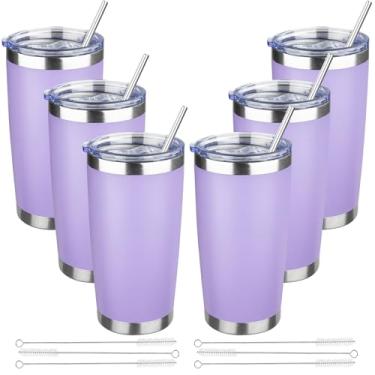 Imagem de Copo de 590 ml com tampas e canudos, caneca de café de viagem com isolamento de aço inoxidável, copos isolados a vácuo de parede dupla, copo de café revestido em pó para bebidas frias e quentes (roxo