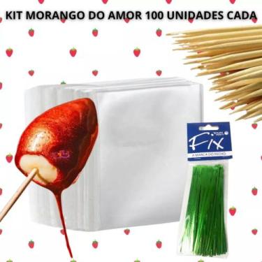 Imagem de Kit morango do amor tiktok 100 folhas 18x18 + 100 espetos bambu + 100 