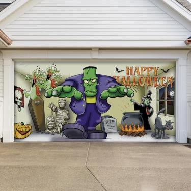 Imagem de Banner de porta de garagem Frankenstein Halloween de 2,8 m x 40,8 m - Projetado para se mover com porta | Decoração de porta de garagem dupla assustadora premium