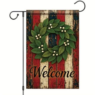 Imagem de Starlit Patio Welcome Garden Flag Patriotic Wreath Bandeira Americana 30,5 x 45,7 cm Folhas de Louro Dupla Face Estrelas Quatro de Julho Decoração de Jardim Exterior para Varanda Pátio Gramado