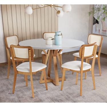 Imagem de Mesa Polaris 4 Lugares Redonda 1,10m - Madeira Maciça Freijó E Tampo De Vidro Off-white Colado - Treo Made Moveis