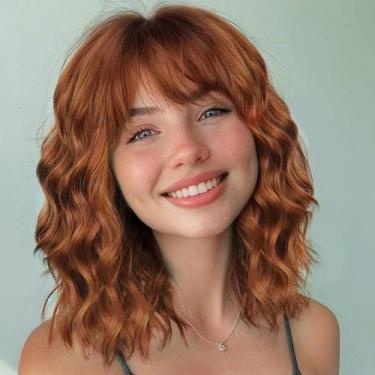 Imagem de Peruca Andromeda Auburn Wavy with Bangs Short Bob 14" para mulheres