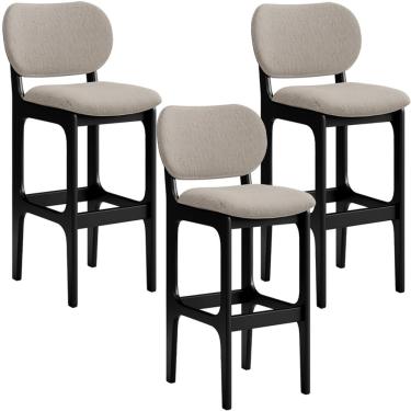 Imagem de Kit 3 Banquetas Alta Bar Cozinha Sala Jantar Fixa Betta L02 Preto Linho Bege - Lyam Decor