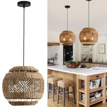 Imagem de Teru Ji Kaikang Luminária Pendente De Vime Estilo Boho, 13,78" Com Plantas Aquáticas, 2 Lâmpadas, Tecido À Mão, Para Sala De Jantar, Sala De Estar, Quarto, Cozinha, Estilo Fazenda