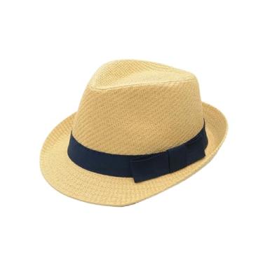 Imagem de Chapéu de palha masculino chapéu de coco britânico chapéu de palha artesanal de verão chapéu de cavalheiro chapéu fedora feminino azul cáqui GG (60-62 cm)