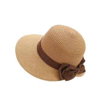 Imagem de Chapéu de sol feminino de aba larga grande com laço panamá para férias chapéu de palha casual 007 tamanho adulto