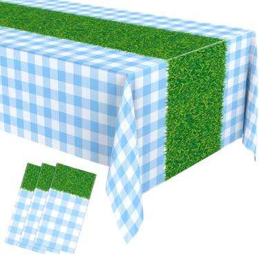 Imagem de Remagr 3 toalhas de mesa de Natal do País das Maravilhas 277 x 137 cm, xadrez vermelho e branco com estampa de grama, toalhas de mesa descartáveis de plástico para piquenique para festa de Natal