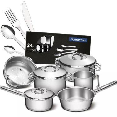 Imagem de Jogo de Panelas Inox Indução 6 Peças Solar Tramontina e Faqueiro 24 pe