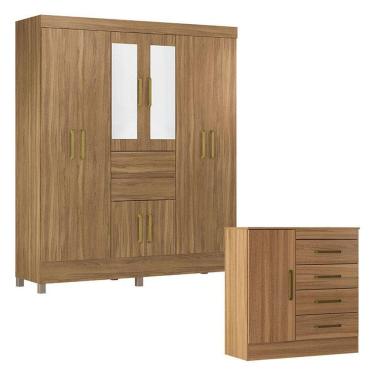 Imagem de Cômoda Montevidéu E Guarda Roupa Casal Munique Amêndola Touch Com Espelho - Demóbile