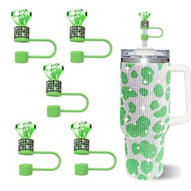 Imagem de JIASHEBDE Conjunto de 5 peças de cobertura de canudo de diamante brilhante, topo de palha de strass duplo para copos Stanley de 30 e 1,134 g, acessórios de tampa de 1 cm para canudos de 10 mm (verde)