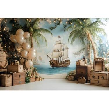Imagem de YongFoto Pano de fundo temático pirata 2,1 x 1,5 m de praia, palmeiras, balão, caixa de madeira, velas brancas, navio, fotografia, fundo infantil, aniversário, chá de bebê, bandeira, retratos de bebê