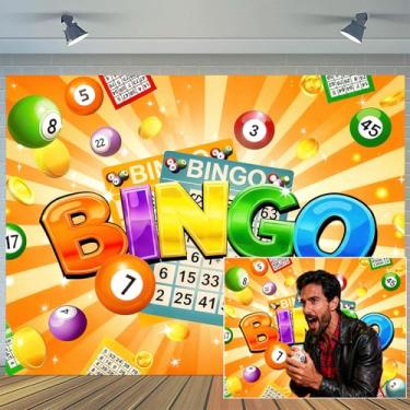 Imagem de Cenário noturno de bingo laranja de 25 x 2 m, tema colorido para jogos com cartões de bingo, bolas, moeda, fundo fotográfico, adultos, concurso, decoração, banner, festa, evento, sessão de fotos