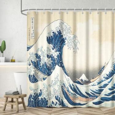 Imagem de Leyiyi Cortina de chuveiro com pintura japonesa tradicional japonesa com ondas do mar, cortina de banheiro abstrata, onda do oceano, cortinas de chuveiro de barco de madeira, lavável, tecido