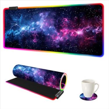 Imagem de AIMSA Mouse pad LED para jogos RGB, mouse pad grande com 14 modos de luz, teclado mousepad superfície estendida LED (89,9 x 40,1 cm) para jogadores de mesa, nebulosa estrelada roxa azul