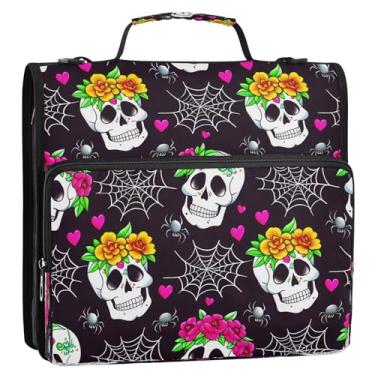 Imagem de Wassud Caveiras e teias fichário com zíper 3 anéis com alça de ombro e alça Trapper Keeper vários bolsos expansível organizador de pasta de arquivos