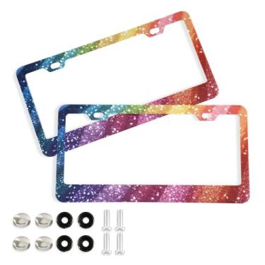 Imagem de Wassud Moldura decorativa de alumínio para placa de carro com glitter arco-íris, 2 unidades, suporte universal para placa de carro para carros padrão dos EUA