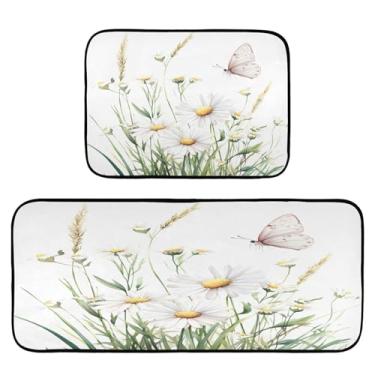 Imagem de Qilmy Tapetes de cozinha de flores silvestres e borboletas, 2 peças, tapete de entrada frontal, antiderrapante, alivia a fadiga, lavável, tapete para cozinha, quarto, varanda638