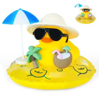 Imagem de FINEED Decorações de painel de carro de pato de borracha amarela engraçada, pato estridente com óculos de sol de coco chapéu de guarda-chuva e anel de natação, acessórios de interior de carro DIY