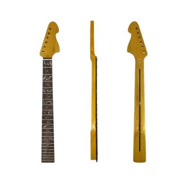 Imagem de YoungMonic Braço de guitarra elétrica com acabamento amarelo brilhante bordo escala de 64,8 cm, escala de jacarandá 22 trastes, formato C 25,4-30,5 cm raio normal porca parafuso no calcanhar