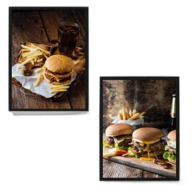 Imagem de Kit 2 Quadros Fotografias Hambúrguer 45X34Cm Com Vidro Preta