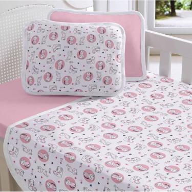 Imagem de Jogo Berço Bebê Lençol Fronha Malha 100% Algodão Gatinho