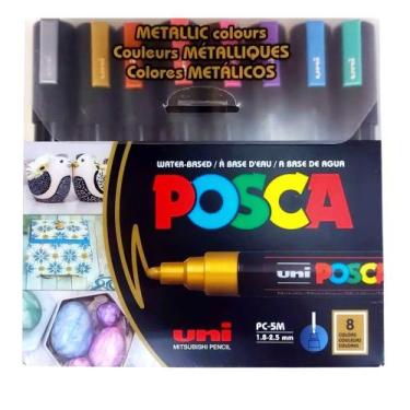Imagem de Estojo Caneta Posca Marcador Ponta Pc 5m 8 Cores Metálicas - UNIBALL
