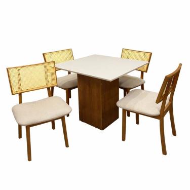 Imagem de Mesa de Jantar Dakota 90x90cm Sem Vidro e 4 Cadeiras Diamante em Linho Madeira Cel Móveis Cor Cinamomo Off White com Tecido Bege