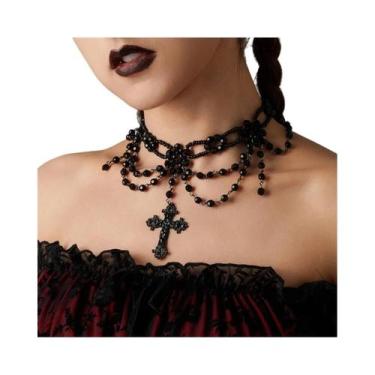 Imagem de Colar Choker Vintage Feminino Com Pérolas De Cristal Pretas E Grande P