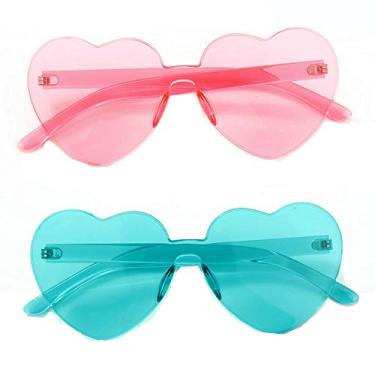 Imagem de OLINOWL Óculos de sol de coração grande sem aro uma peça em formato de coração óculos de sol coloridos para mulheres, Lake-blue+pink, Heart
