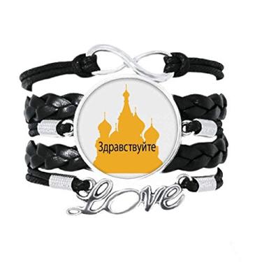 Imagem de OFFbb-USA Pulseira russa Hello Greetings com contorno russo e pulseira de couro torcido para presente