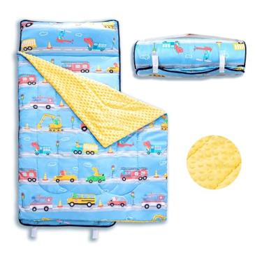 Imagem de Jupeollon Tapete de soneca infantil com travesseiro removível e cobertor de lã engrossado saco de dormir infantil tapetes de cochilo para creche pré-escolar carro azul claro