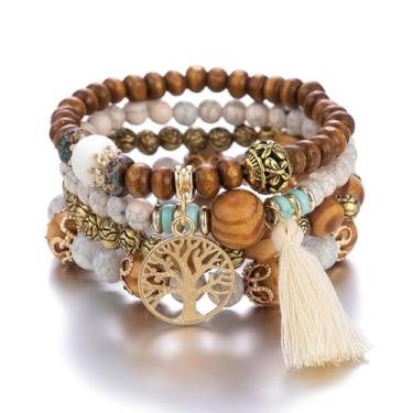 Imagem de Conjunto de 4 peças de pulseiras empilháveis boêmias para mulheres, meninas, homens, elásticas, multicamadas, berloques coloridos, árvore da vida, borlas, joias hippie, delicadas, presente de melhor