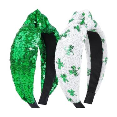 Imagem de Lanmerry Faixas de cabelo femininas com nó de dia de São Patrício com lantejoulas e trevo, faixas de cabelo verdes com glitter largas para meninas, acessórios de cabelo da moda de São Patrício,