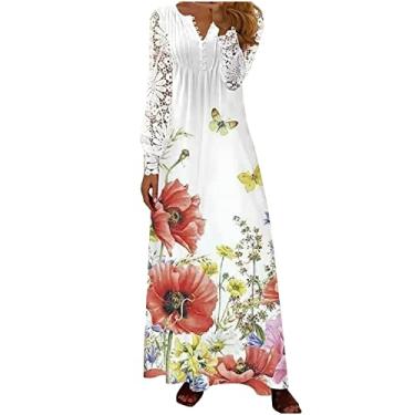 Imagem de Vestidos femininos de renda longa manga bufante vestidos florais para mulheres decote em V plissado maxi vestidos longos de verão 2024, P-282 Vermelho, M