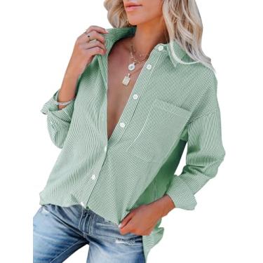 Imagem de Aoudery Camisas femininas com botões listradas, de algodão, manga comprida, gola de botão, blusas de trabalho de escritório, Verde e branco, PP