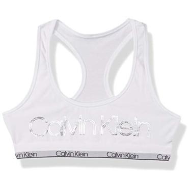 Imagem de Calvin Klein Sutiã de algodão estilo nadador moderno para meninas, Branco clássico com logotipo, M