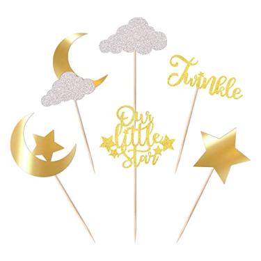 Imagem de 24 Pack Little Star Cupcake Toppers Glitter Moon Cloud Cupcake Picks Twinkle Star Baby Shower Kids Birthday Wedding Party Cake Decorations Supplies Gold
