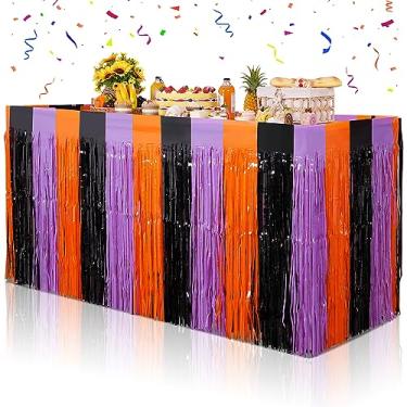 Imagem de Pacote com 6 saias de mesa de Halloween, saias de mesa de franja metálica laranja roxa e preta, decorações de mesa de Halloween para festa de chá de bebê, 73 x 260 cm