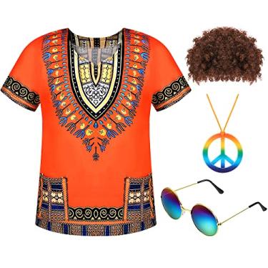 Imagem de Sureio Conjunto de 4 peças de fantasia hippie masculina de Halloween dos anos 60, 70, 80, cosplay, acessórios de peruca afro para Halloween e carnaval, Multi, G