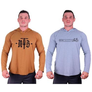 Imagem de Kit 2 Camisetas Manga Longa com Touca Longline Estampada Fitness Musculação Dia-a-Dia-Masculino