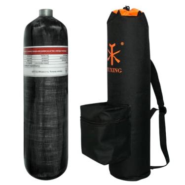 Imagem de TUXING 4500psi 3L/183Cu em tanque de ar HPA Paintball de fibra de carbono com sistema de ar PCP válvula de calibre duplo e bolsa de transporte (tanque de 3L pcp + bolsa de transporte)