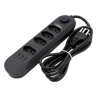 Imagem de Filtro de Linha, Extensão de 4 Tomadas 10A Bivolt, 3 Portas USB, 2 Metros de Comprimento