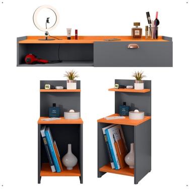 Imagem de Kit 2 Mesas Cabeceira Mesinha Lateral Fantasy Cinza/Cinamomo Penteadeira Suspensa Camarim Decor Puxador Concha Quarto - Lojas RPM