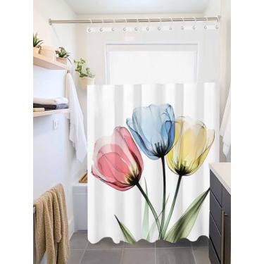 Imagem de Clblhlolkuy Cortina de chuveiro impermeável para banheiro, tulipas vermelhas azuis amarelas abstratas flores de fazenda tecido de hotel cortina de banho macia com janela superior semitransparente e