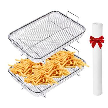 Imagem de Cesta de fritadeira de ar para forno, Ingcebo cesta de grelha de aço inoxidável de 30 cm x 21,8 cm x 5,5 cm, conjunto de cesta de malha antiaderente, bandeja de fritadeira de ar para fritura francesa/congelada/assar alimentos