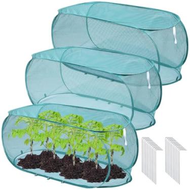 Imagem de 3 peças de cobertura para plantas de jardim pop-up de 99 x 45 x 40 cm com 24 pregos no solo, capas de rede de malha protetor de gaiola para proteger plantas, vegetais, frutas, flores, mudas de ervas