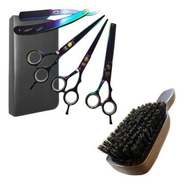 Imagem de Kit 3 Tesouras Barbeiro Profissionais + Escovinha Disfarce Degradê Ref